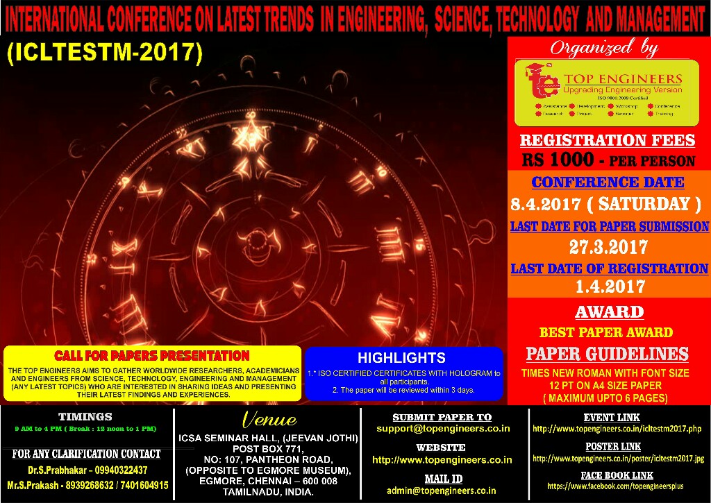 INTERNATIONAL CONFERENCE ON LATEST TRENDS  IN ENGINEERING,  SCIENCE, TECHNOLOGY  AND MANAGEMENT   (ICLTESTM-2017)