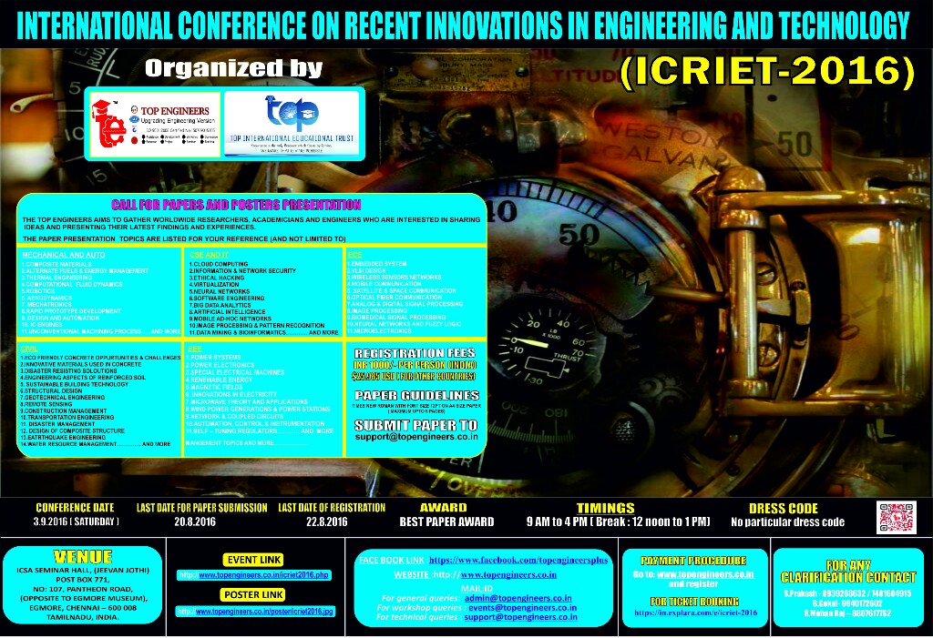 INTERNATIONAL CONFERENCE ON RECENT INNOVATIONS IN ENGINEERING AND TECHNOLOGY  (ICRIET-2016)