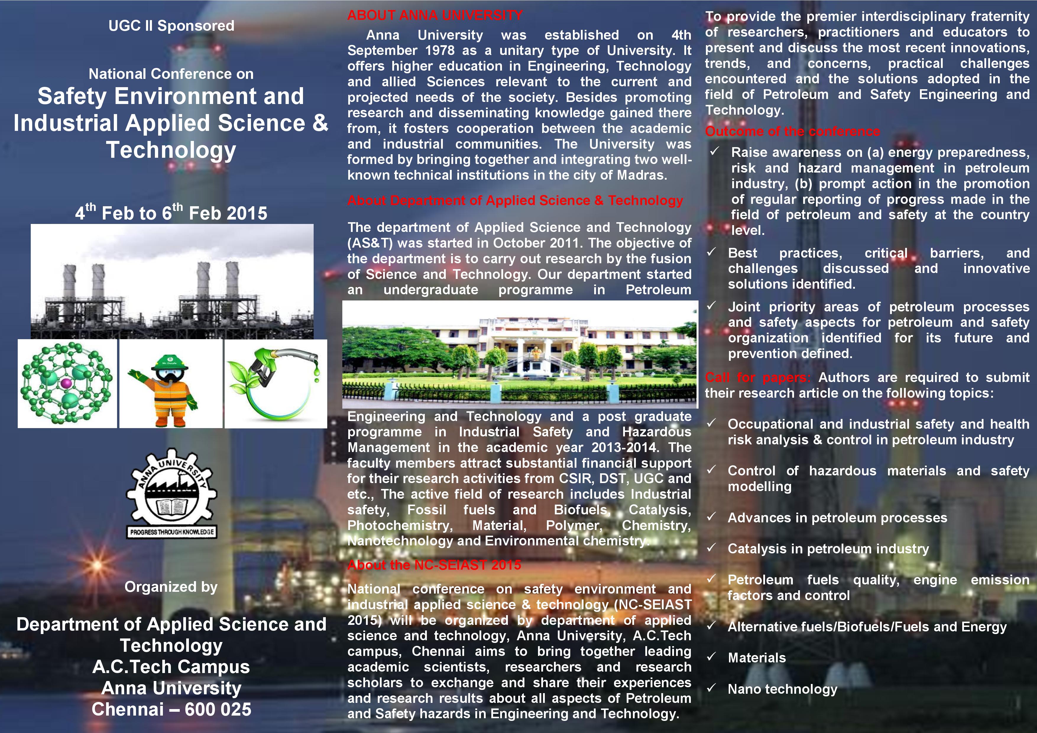 NATIONAL CONFERENCE ON SAFETY ENVIRONMENT AND INDUSTRIAL APPLIED SCIENCE AND TECHNOLOGY