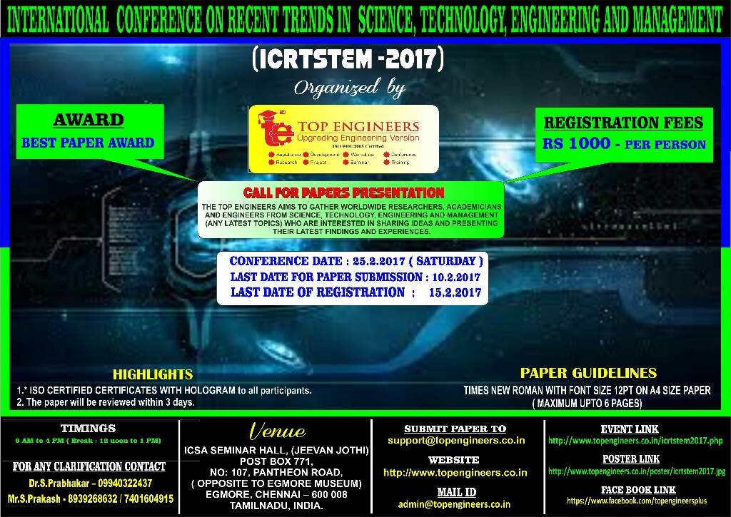 INTERNATIONAL  CONFERENCE ON RECENT TRENDS IN  SCIENCE, TECHNOLOGY, ENGINEERING AND MANAGEMENT  (ICRTSTEM -2017)  