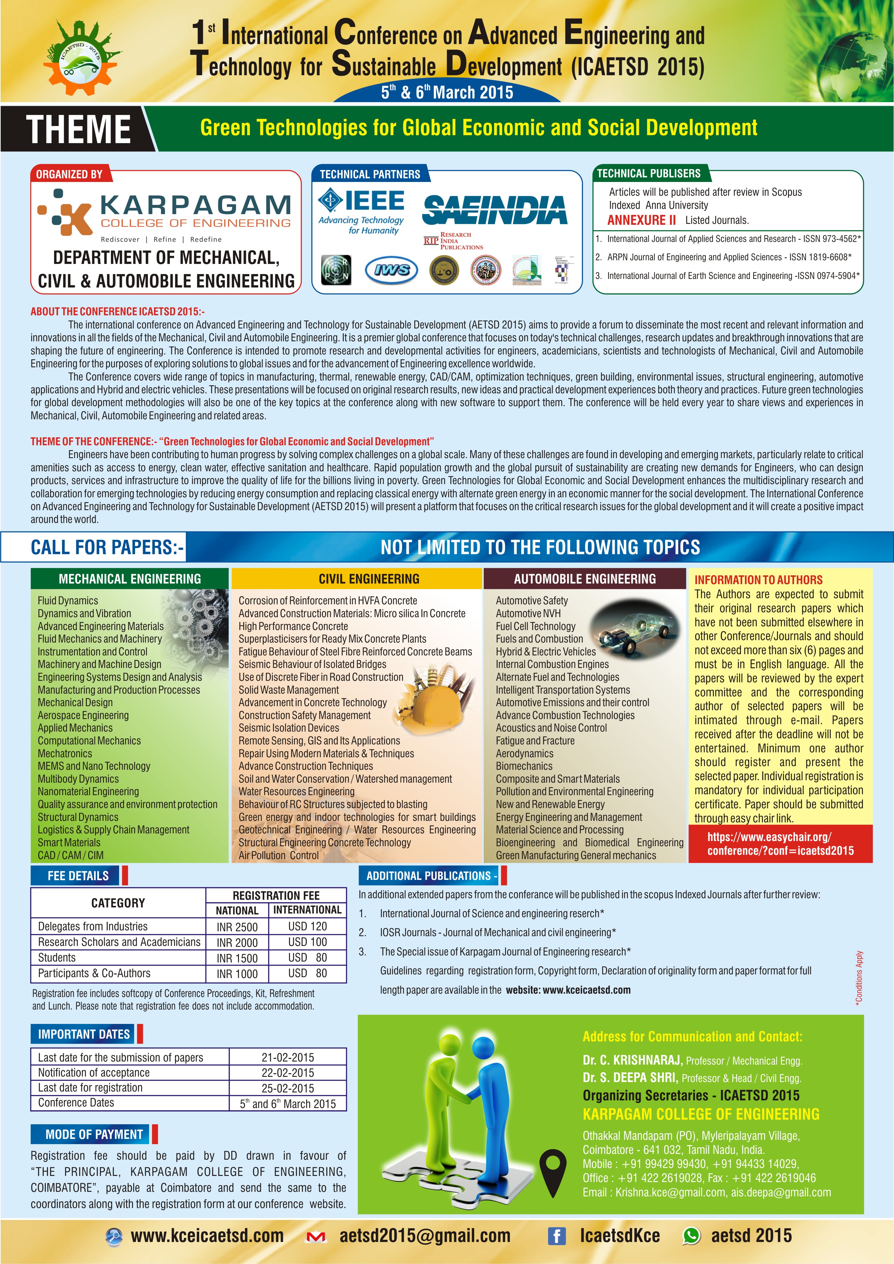 International Conference on Advanced Engineering and Technology for Sustainable Development (ICAETSD 2015)